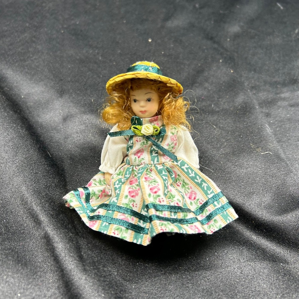 Vintage Miniature Porcelain Doll Floral Dress Straw Hat Strawberry Blonde Hair